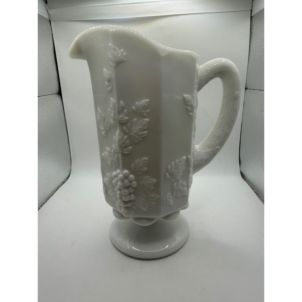 Vintage Westmoreland Milk Glass Paneled Grape Pedestal Pitcher White 8.5 Inch